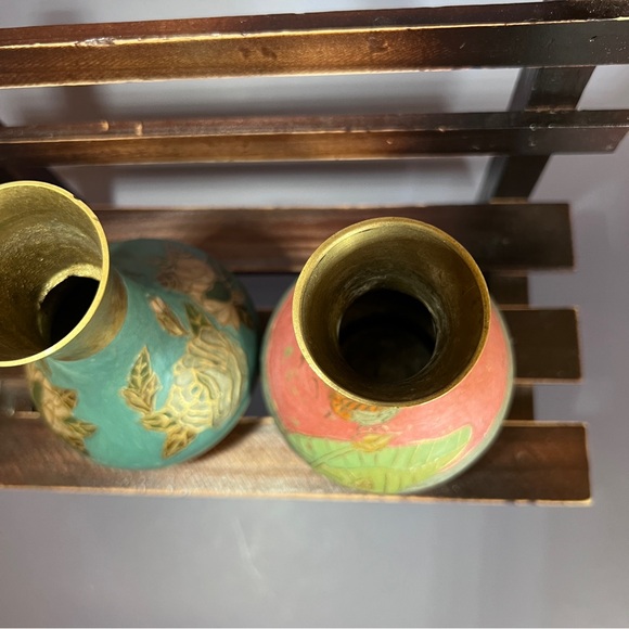 Set Of 2 Small Vintage Indian Brass Cloisonne Vases - Picture 7 of 10